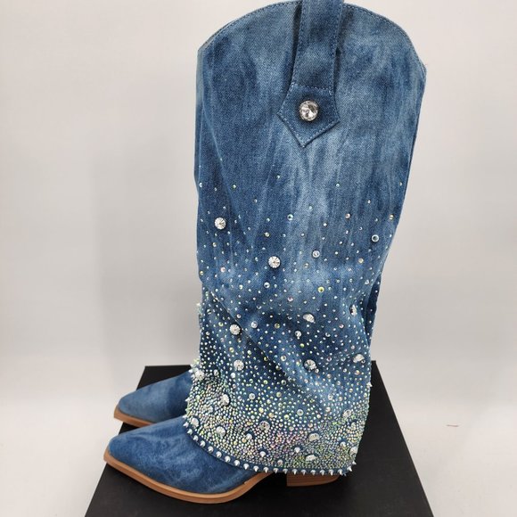 AZALEA WANG Mellow Denim Western Rhinestone Studded Cowgirl Cowboy Boots 7-11 - Picture 10 of 12